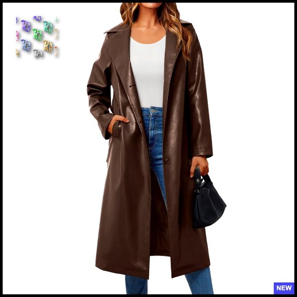 Jackets & Blazers - Faux Leather Trench Coat Long Lapel Open Front Belted Classic Elegant Chic